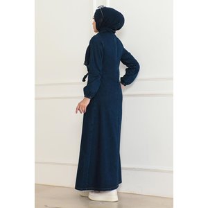 Abaya Mega Merchant Modelo 41459 para Mujer, Estilo Modesto, Color Azul Denim Oscuro, con Botones Delanteros y Lazos Laterales - Product Image 4