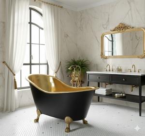 Bañera Ovalada Independiente de Latón Premium, Hecha a Mano, Estilo Lujoso y Elegante, Acabado en Esmalte Negro/Latón Pulido, con Función de Baño de Vapor - Product Image 2
