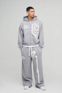 Custom Oversized Boxy <b>Skeleton</b> Puff Print Zip Through Hooded Tracksuit Set Hoodie Sweatpants Jogger Cargo Pant Contrast Stitch - Product Image 3