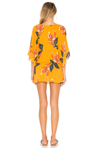 Yellow Floral Print Chiffon V Neck Loose <b>Boho</b> Mini <b>Dress</b> with Flutter Sleeve Drawstring Waist <b>Summer</b> Casual Outdoor Wear - Product Image 3