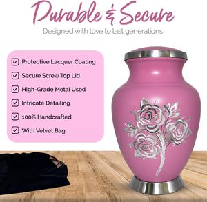 โกศกุหลาบสีชมพู - โกศเผาศพสีชมพูสําหรับเถ้ามนุษย์พร้อมกระเป๋าพรีเมี่ยม - โกศสําหรับผู้ใหญ่ทํามือ สีชมพู - ให้เกียรติคนที่คุณรัก - Product Image 4