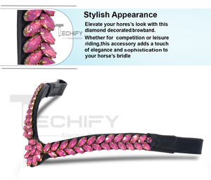 Cinta Frontal para Caballo en Forma de V con Cristales Rosados de Lujo |   Accesorio de Brida Ecuestre de Cuero Negro Hecho a Mano - Product Image 6