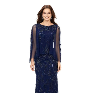 Vestido de novia con cuentas de silueta recta de gasa con capa de cuello redondo mangas regulares Maxi antiestático para fiestas y cócteles - Product Image 1