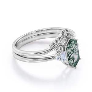 แหวนเงินแท้ 925 รูปทรงหกเหลี่ยมประดับมอสอาเกตและเพทายทรงหกเหลี่ยม ฝังแบบหนามเตย ชุบโรเดียม พร้อมลายใบไม้สลัก - Product Image 2