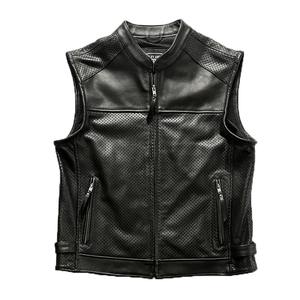 Winter <b>Black</b> V-neck Mesh Breathable Eco-Friendly Outdoor Leisure Motorcycle <b>Men's</b> Cowhide Jacket Zipper Leather <b>Vest</b> - Product Image 1