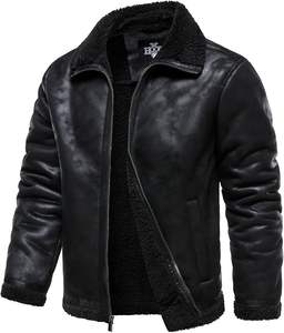 Chaqueta Vintage Desgastada, Chaqueta Bomber de Cuero Sintético con Forro de Borrego Sintético, Abrigo de Motociclista para Hombre - Product Image 2