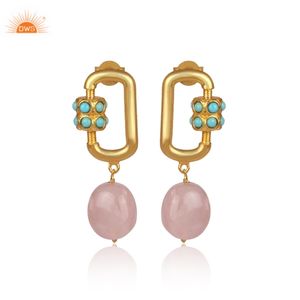 Pendiente de gota de piedras preciosas de cuarzo rosa y turquesa de Arizona Natural de plata esterlina oxidada, fabricante de joyería personalizada - Product Image 1