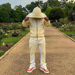 Custom Embroidery Distressed <b>Patches</b> Logo Streetwear Vintage Hoodie Tech Fleece Two Piece Jogger Sets Fashion Tracksuits for Men - Product Image 1