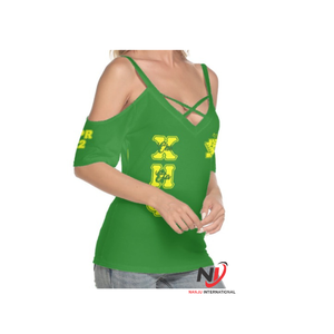 CHI ETA PHI Sorority and Fraternity Tops para mujer Última moda fuera del hombro Tallas grandes Camiseta Verde Mujeres Camisetas al por mayor - Product Image 1
