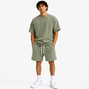 Conjunto de Camiseta y Pantalones Cortos de Algodón Verde para Hombre, Estilo Casual de Verano, Tejido Transpirable, Logotipo Estampado en la Parte Delantera - Product Image 5