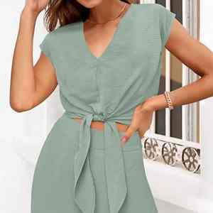 Elegante ropa de oficina para mujer Top Pantalones Traje Cuello en V Manga corta con nudo con cordones Color sólido Cintura alta Patrón de puntos - Product Image 2