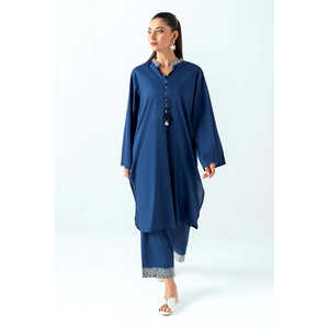 ชุดเซ็ตผ้าเครปสีน้ำเงินกรมท่า แต่งลายริ้วและปักลาย สำหรับฤดูใบไม้ผลิ/ฤดูร้อน สวมใส่สบาย - Product Image 1