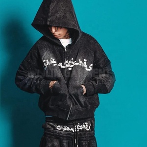 Ensemble de survêtement homme streetwear de haute qualité 400 g/m² avec sweat à capuche zippé et pantalon de survêtement ample à double taille, effet délavé et strass - Product Image 3