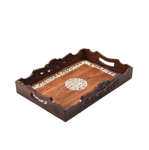 Rectangle Wooden Sheesham <b>Wood</b> Coffee <b>Tray</b> Brown Design Engraving and Holding Handles Table Kitchen <b>Decor</b> <b>Tray</b> - Product Image 1