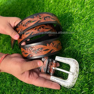 Le plus récent en cuir véritable Western cuir usiné à la main et ceintures florales peintes à la main véritable cuir usiné à la main unisexe ceintures de taille - Product Image 3