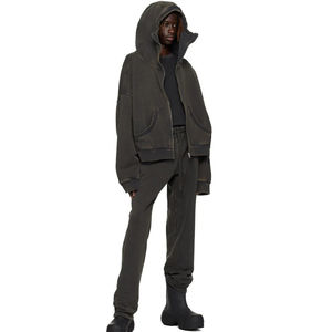 เสื้อฮู้ดขนแกะผ้าฝ้ายอินทรีย์ GSM 510ซักด้วยเอนไซม์ทนทานสีดำซิปเต็มตัว - Product Image 4