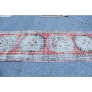 4.3x11.3 ft Vintage Turkish Rug, <b>Runner</b> Rug, <b>Red</b> Blue Southwestern Wool Rug - Product Image 3