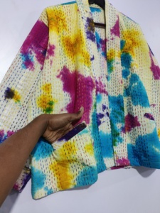 Unisex Handmade Bohemian Cotton <b>Jacket</b> Autumn Tie Dye <b>Kantha</b> Open Front Quilted Raw/Free Edge Printed Short Knitted Breathable - Product Image 4