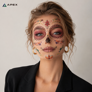 Tatuaggio Temporaneo a Tema Giorno dei Morti, Teschio di Zucchero per Viso Intero 158x158mm, Dia De Los Muertos Catrina, Trucco di Halloween - Product Image 4