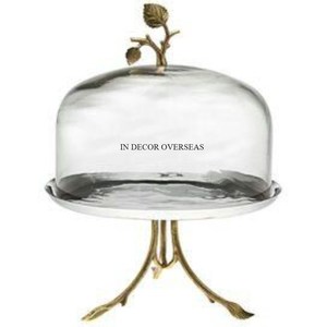 Silver Color Finishing Shiny Polished Heavy Duty Metal Made <b>Cake</b> Stand With Deer Face Designer Clear <b>Glass</b> <b>Dome</b> Top Cover Supply - Product Image 3