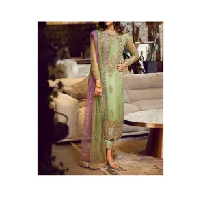 最新收集巴基斯坦女装派对和婚纱刺绣工作衬衫配裤子套装