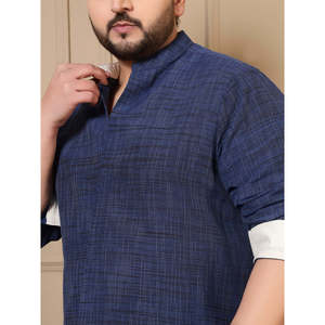 Chemise décontractée pour homme Amanush, bleu marine, en coton texturé à carreaux, grande taille, avec col mandarin, manches longues, coupe ample - Product Image 2