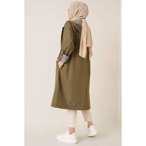 Khaki Trench Coat with Hood Cotton-Filled Knitted Fabric Winter and Autumn Simple Style Print Lace Button Decorations - Product Image 2