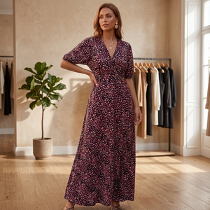Floral Print V-neck Maxi <b>Dress</b> Boho Style Short Sleeve <b>Loose</b> Fit <b>Summer</b> Casual Woven Breathable Rayon Eco-Friendly Tassel - Product Image 3