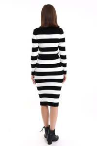 Elegante Vestido de Punto para Mujer con Cuello Redondo, Diseño a Rayas, Detalle de Cinturón Chic, Cintura Natural, Largo hasta la Rodilla, Diseño Favorecedor - Product Image 2
