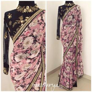 Indiase Dames Roze Georgette <span class=keywords><strong>Saree</strong></span> Digitaal Geprinte Sequentie Borduurwerk Kanten Nethoes Feestkleding Bruiloften Speciale Gelegenheden - Product Image 4