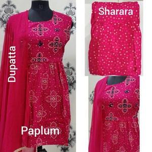 Magnifique Kurti en rayonne à motif peplum rose avec ensemble Sharara et Dupatta pour femmes et filles, Kurti brodé Palazzo - Product Image 6