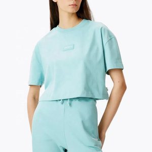 Top court en coton surdimensionné pour femmes Nouveau design T-shirts Boxy avec couleur unie Manches courtes confortables T-Crop-Top - Product Image 5