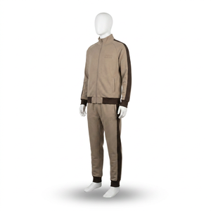 Men's Beige Tracksuit Set Full Sleeve Zipper Front Casual Autumn Wear Solid Color <b>Polyester</b> Cotton Blend Regular Fit <b>Joggers</b> - Product Image 3