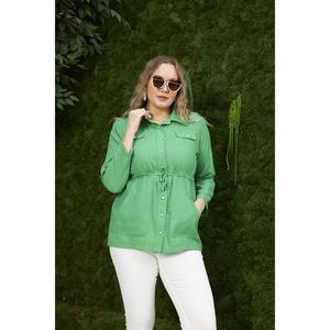 Veste en lin mélangé vert pour femmes grandes tailles RMG avec ceinture ajustable, vêtement d'extérieur confortable en coton - Product Image 2