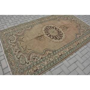 Alfombra de retazos de lana de 4,9x8,5 pies verde marrón antiguo, diseño turco Vintage, tejido plano de látex para decoraciones de sala de estar para adolescentes - Product Image 2