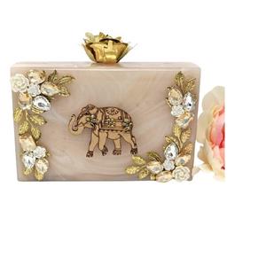 Indian Bohemian Style Women's Clutch Messenger Bag Geometric Boho Beaded Design Resin Metal Frame Chains for Evening Shopping - Product Image 2