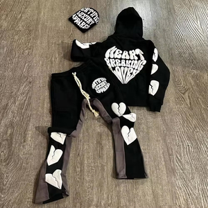 Chándal desgastado con estampado de manga bordada delantera y trasera, forro interior de lana, capucha acoplable, chándal para hombre - Product Image 3