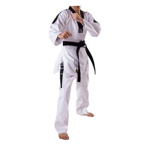 Venta al por mayor Material Arts Training Gi logotipo personalizado cuello negro Taekwondo uniforme personalizado algodón duradero Taekwondo Doboks - Product Image 1