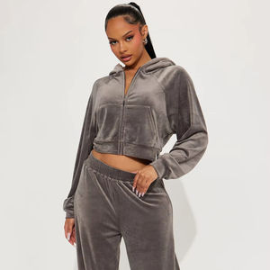 เซ็ตกางเกง2ชิ้นสำหรับผู้หญิงชุดวอร์มกางเกงถักแบบยาวมีซิป - Product Image 1