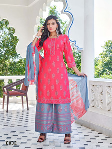 Liva Approved Heavy Rayon Embroidered <b>Kurti</b> with Lace Work Nazmini Dupatta Palazzo-Indian & Pakistani Clothing - Product Image 4