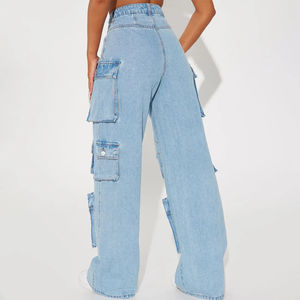 Pantalon cargo en jean ample à taille mi-haute pour femme, jean droit ample, boutons, décorations multi-poches, jean hip-hop - Product Image 2