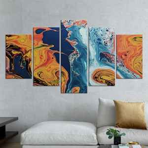 ผ้าใบพิมพ์ลาย: ศิลปะติดผนังกระจกสีส้มและสีน้ำเงินแบบนามธรรมสมัยใหม่ ชุดผ้าใบขนาด 5 เมตร - Product Image 1