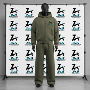 Breathable Olive Green Hooded Tracksuit Full Zipper Loose Fit 100% Cotton Solid Color Casual Autumn Wear Sweatsuit Unisex - Product Image 1