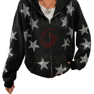 Sudadera con capucha informal con diamantes de imitación para mujer con estampado frontal personalizado OEM, forro polar con cremallera completa de invierno 100% algodón - Product Image 6