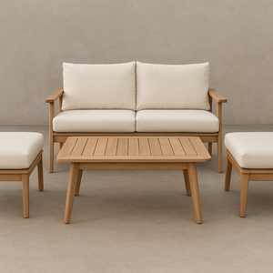 Minimalist Modern Outdoor Acacia Wood <b>Sofa</b> Set with <b>White</b> Cushions for Garden Patio Balcony or Resort Furniture Vietnam Origin - Product Image 2