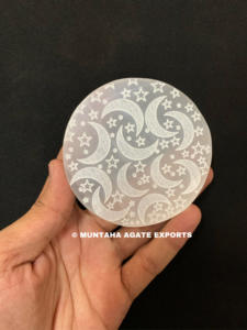 Selenite Carved Charging Plate Feng Shui Style Gemstone Hand Engraved Technique Selenite 3 inch Plate - Product Image 5