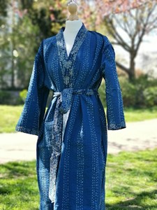 El último diseñador de calidad Casual Wearing Women Ladies Maxi Printed Tropical Kantha Kimono Custom Blue Color Jacket Coat Sashes - Product Image 2