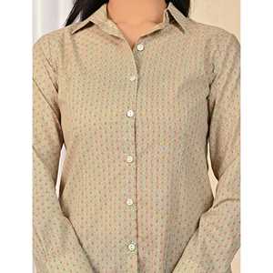 Chemise ample pour femme en coton vert imprimé, manches longues, logo brodé, style décontracté, boutons tissés, longueur longue, saison automne - Product Image 2