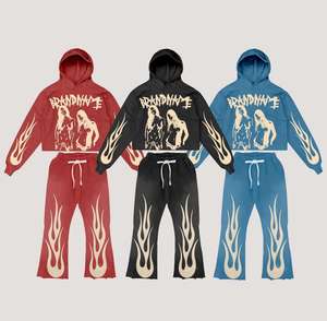 Ensemble survêtement à capuche personnalisé délavé à l'acide avec strass et pantalons de survêtement évasés pour hommes - Product Image 4