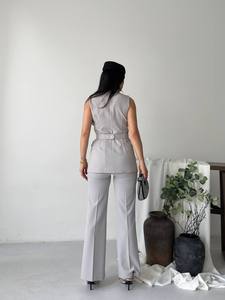 Elegant Women's Sleeveless <b>Blazer</b> Vest With Wide Leg Trousers <b>Set</b> Solid Gray V-Neck Button Front Satin Suit Regular Fit Wear - Product Image 4